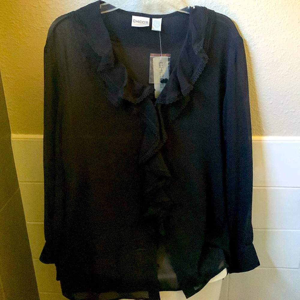 Chicos, Size 3, 100% Silk Black Ruffle Long-sleeved Blouse NWT